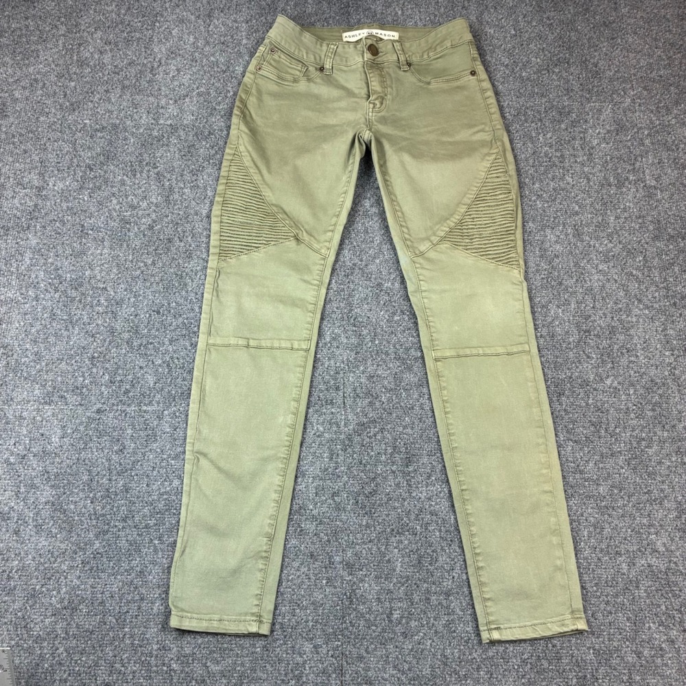 Ashley Mason Olive Green Moto Skinny Pants Size 3 Ribbed Detail Stretch Trousers